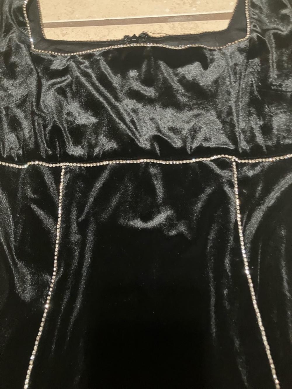 Black Velvet Long-Sleeve Dress with Rhinestone Trim - Picture 3 of 3